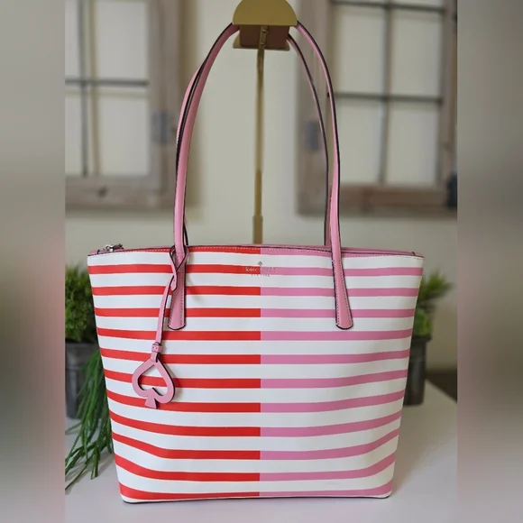 Kate Spade New York Zina Large Tote Pink - Red Stripe Spade Charm - Picture 9 of 16
